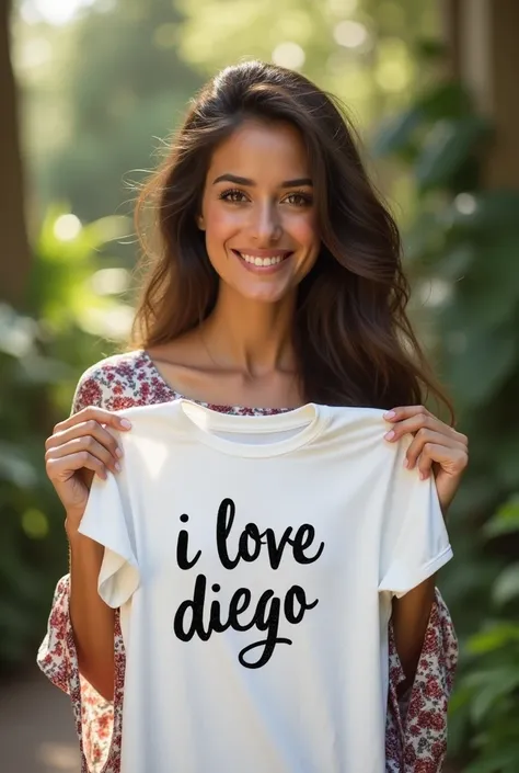  A beautiful girl with wavy,  long hair and a boho dress has a white S with the inscription "I love Diego oiled up"  and shows it to the viewer .