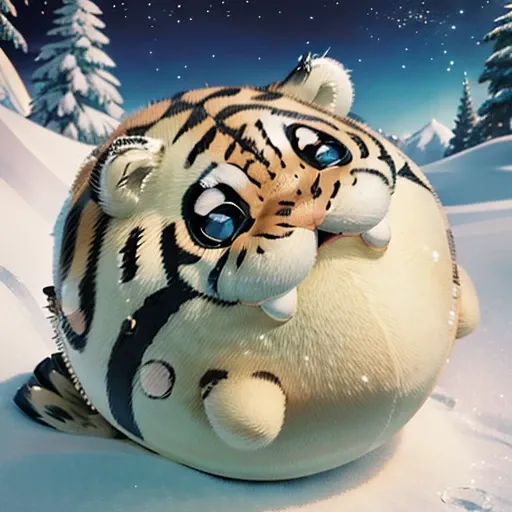 (((close up))),(Tiger pattern body) 、 Snowfield、animal、stuffed toy、Cute and fat、 futon、((( chibi))),spheal_pk、Round Head、A slippery body、Short Hands、Round ears、 round eyes、Smiling face、 illustration , no nose、