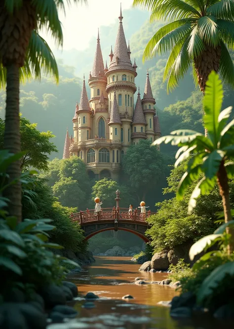  high quality 3d rendering 、Deep in the tropical jungle、Cinderella Castle where little people live、Banana Tree、 palm tree、Light leaks through the window、A stream flows、An arch bridge is built