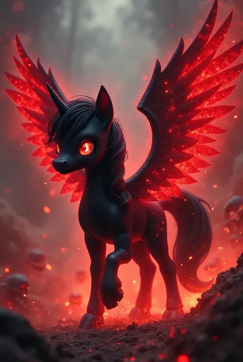  The black four-legged pony from My Little Pony,  with big red wings , Lots of feathers,  feathers sparkle and glow with scarlet light , vortices of energy around ,  screaming faces of demons in whirls,  Warhammer warp 40000 