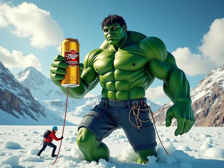 A photorealistic image of a giant, muscular silicone sealant bottle, shaped like the Hulk, emerging from a frozen landscape. The bottle is green and muscular, with bulging veins and a determined expression. It is holding a can of Miller Genuine Draft beer,...