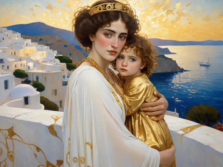 Gustav Klimt style with gold, on an Aegean island with white houses and a beach, a young Greek mother in a pure white dress, the golden age of Pericles, jokingly says to her  in her arms: close up, and you are my son!