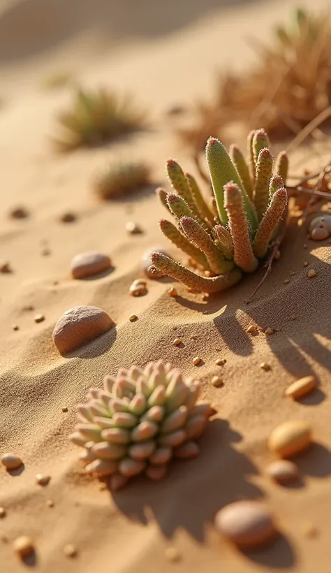 close-up of desert sand, desert plants etc.