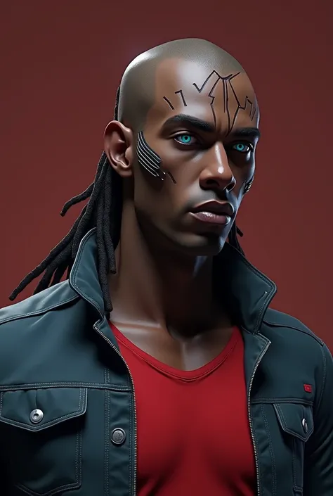 Heres a d
 A stylized 3D portrait of a muscular, dark-skinned man with long dreadlocks. He has a shaved head with a futuristic, geometric design etched into his forehead.  His eyes are piercing blue, and he has cybernetic enhancements visible on his temple...