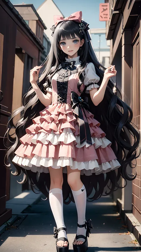  best quality,   Masterpiece , Realistic, photoRealistic, 1peopleの女の子, Alone, smile,  black hair,  long hair,  standing, whole body, cyb  dress,  dress, pink  dress, layered  dress, frilled  dress, Short sleeve, Bloomers, white Bloomers, ribbon, bowtie, fr...