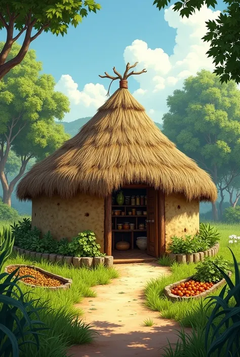 A thatched roof mud hut filled with crops and food in the bush