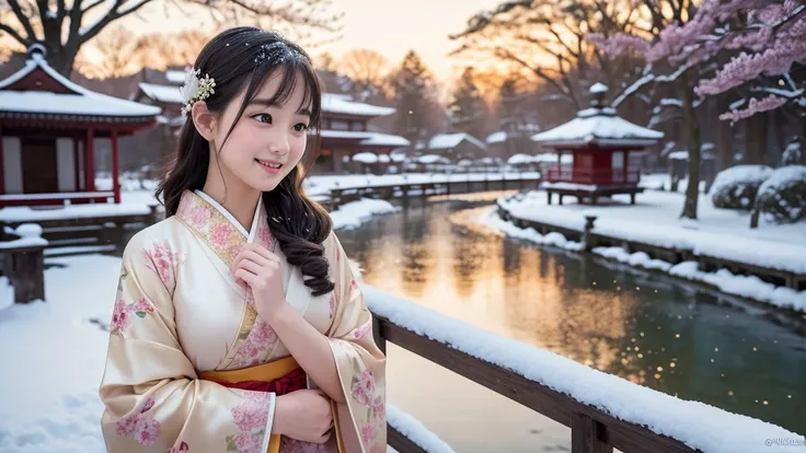 8k, RAW photo, best quality, masterpiece:1.2), (realistic, photo-realistic:1.4), (extremely detailed 8k wallpaper).A stunning young girl dressed in a cream-colored kimono adorned with intricate red plum blossom patterns, standing elegantly in the middle of...