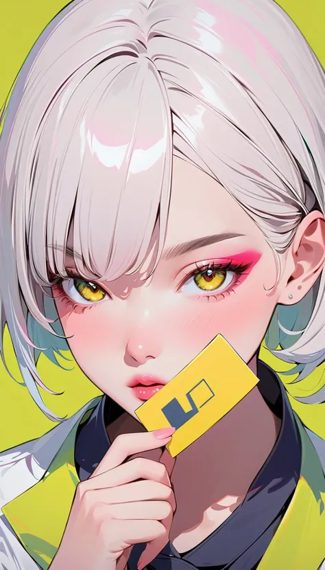 ( マスターpiece ,   best quality :1.4),  1 girl, Alone, Anime Style, Colorful Students, Blurred vision, piece, Pink lower lip,  Japanese High School Girl Makeup, silver asymmetrical short hair ,  asymmetrical short hairstyles,  long bang on one side ,  Color H...