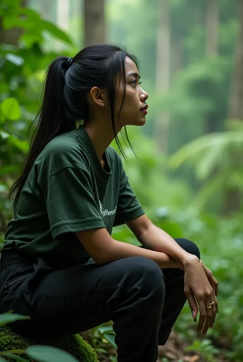 realistic, cinematic, Close-up, a beautiful Indonesian woman is looking at a green forest. He was wearing a dark green shirt with the ENLIGHTENMENT logo, black cargo pants, and sports shoes. She had long black hair tied up.