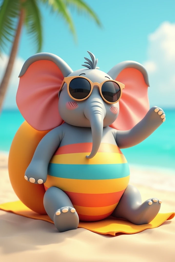  Tilde style elephant in a striped swimsuit, with an inflatable circle and sunglasses 
