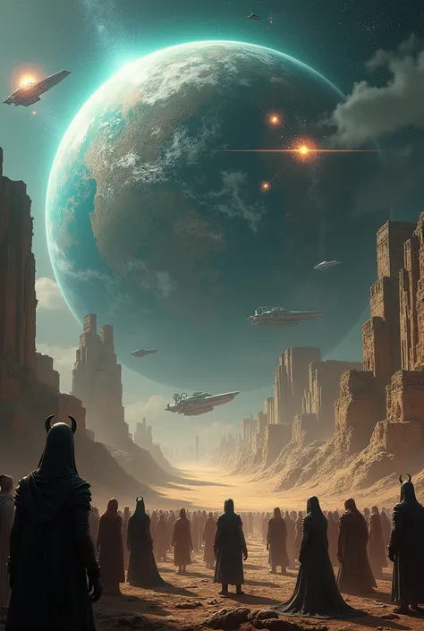 A vast and dramatic cosmic scene featuring an ancient Earth glowing with mysterious, otherworldly energy, its surface marked by towering ruins of advanced human architecture intertwined with nature, hinting at a lost civilization. Surrounding the planet, m...