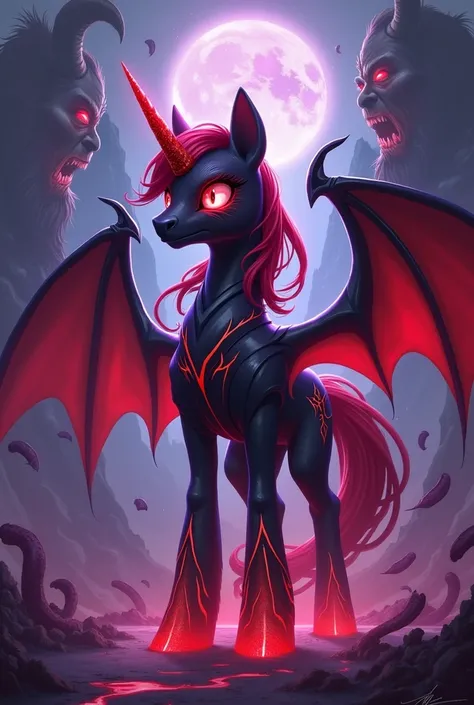 Чëрная четвероногая  бэтпони из  My Little Pony,  with big red wings , batpony in dark green armor, crooked horn batpony , Lots of feathers,  feathers sparkle and glow with scarlet light , vortices of energy around ,  screaming faces of demons in whirls,  ...