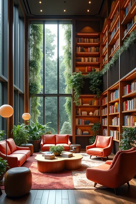 “A modern, light-filled library exuding coziness. Tall, sleek bookshelves line the walls, filled with an array of colorful books. Large windows allow natural light to flood the space, complemented by warm, ambient lighting from stylish floor lamps. Scatter...