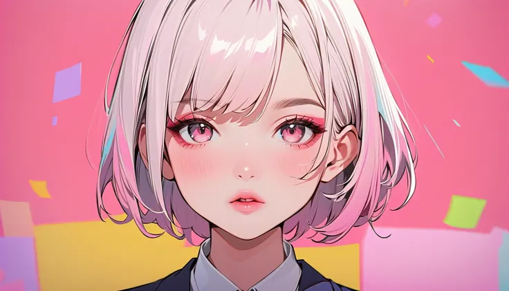 ( マスターpiece ,  best quality :1.4),  1 girl, Alone, Anime Style, Colorful Students, Blurred vision, piece, Pink lower lip,  Japanese High School Girl Makeup, silver asymmetrical short hair ,  asymmetrical short hairstyle,  long bang on one side ,  Color Hig...