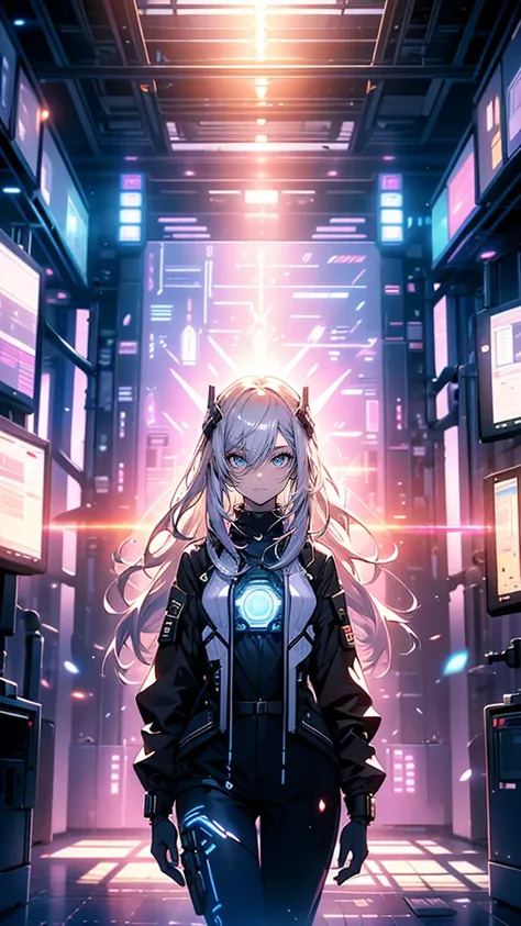 “A brilliant female technologist, Emilia Hawke, stands in front of a large control panel filled with glowing monitors and complex data streams. She has shoulder-length, straight platinum blonde hair and wears a form-fitting black jumpsuit with intricate di...