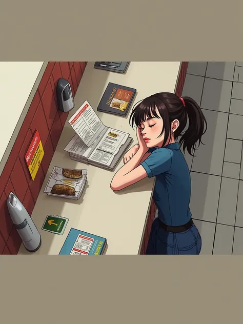 Put her behind a counter at a mcdonalds. Ise thr same sleeping position she is in. Dont animate it. Leave her as she is 