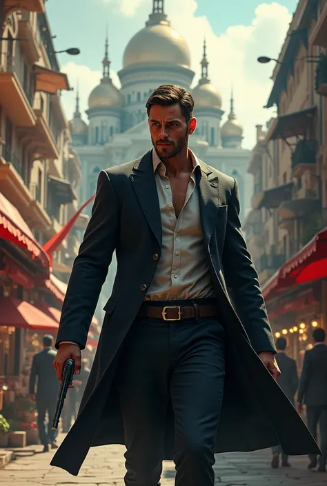 a handsome badass and assassin man, his background is the city and street vendor, with the palace on top.