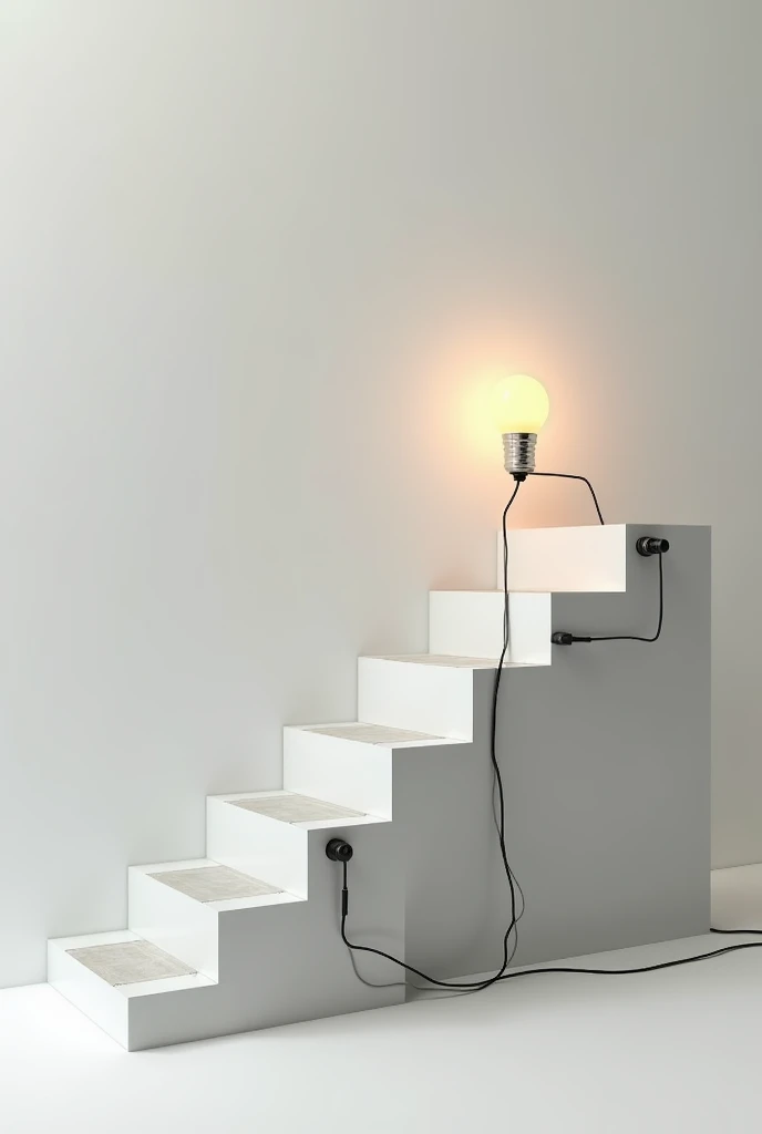 A figure of simple design of stair with a Piezoelectric tile connected to a wire that leads to a battery, and leads to a light bulb