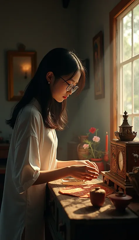 Image of a 20 year old Vietnamese girl wearing glasses, white dress, long hair, cleaning an old altar, twilight scene in a small, dark room