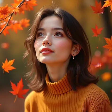  Profile portrait of a pretty young woman against a background full of vibrant autumn leaves .  This woman has delicate features and ,  A soft, smooth, and radiant complexion I have .  Her face is soft, looking upwards ,  gives her a heavenly and elegant p...