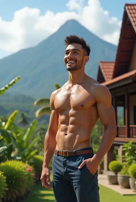  A handsome young man with a radiant white six pact is welcoming a visitor to a beautiful woman in front of his home stay. View at the foot of Mount Kinabalu Sabah . 3d human real image . 