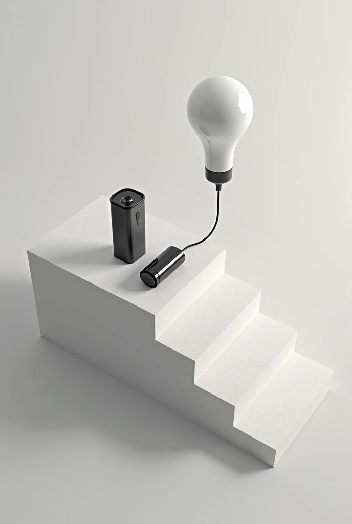 A figure of simple design of stair with a visible Piezoelectric tile connected to a wire that leads to a battery, and leads to a light bulb (top side view)