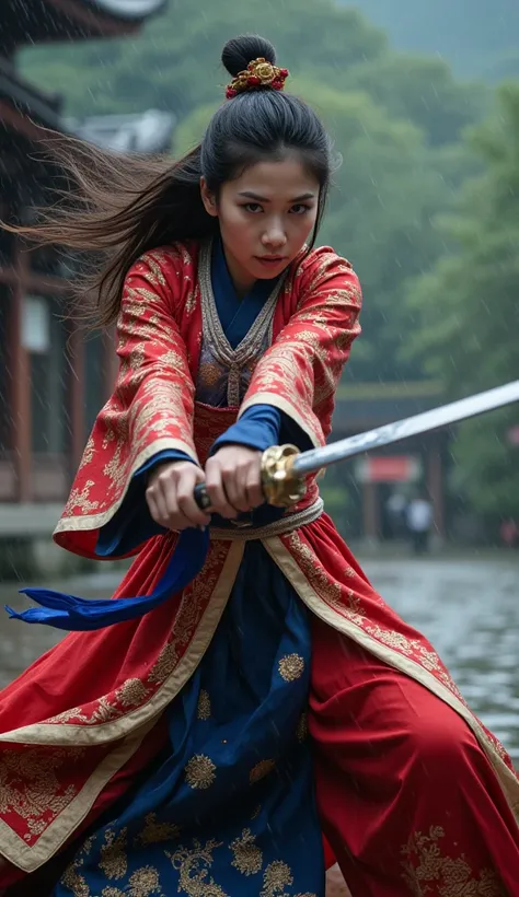 A fierce and elegantly adorned Chinese female martial artist in ultra-realistic 4K, captured mid-motion as she swings her jian sword in the rain, her expression focused and intense. She wears a richly embroidered hanfu-inspired robe in deep red and royal b...