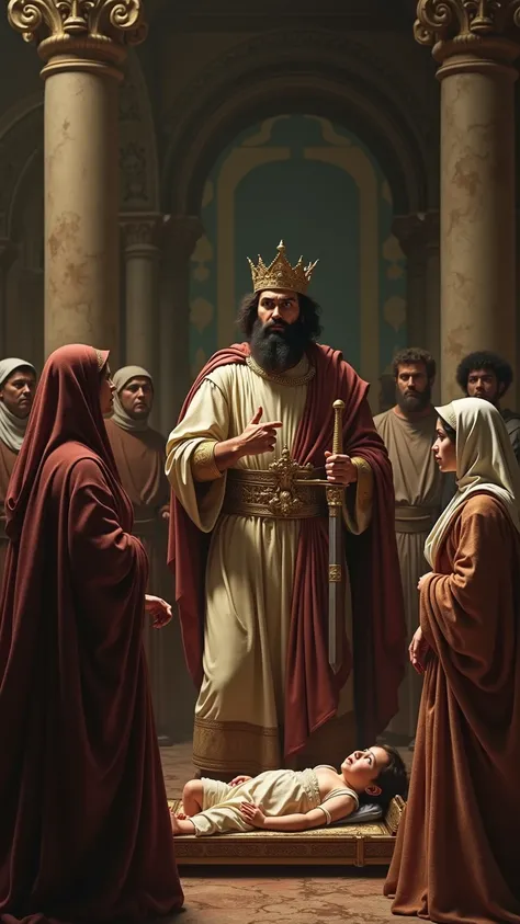 "A hyper-realistic vertical (9:16) depiction of King Solomon with a serious and commanding expression, wearing an ornate golden crown symbolizing his authority. Solomon is pointing towards a soldier holding a gleaming sword, creating an atmosphere of tensi...