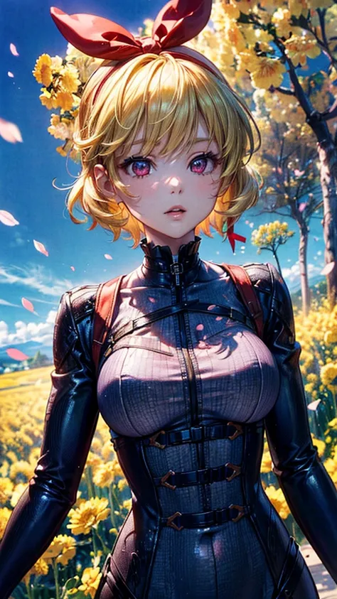 (RED Ribbon on HAIRband:1.2),Blonde HAIR,(masterpiece, best quality, highly detailed, ultra detailed, high resolution, absurdres, 4K, 8K:1.2), (official art, incredibly fine illustration, extremely detailed CG, detailed background, cinematic lighting, dyna...