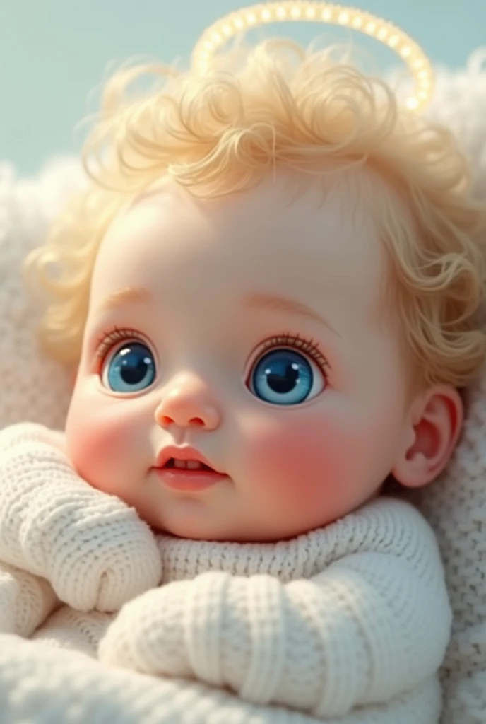 Beautiful newborn baby unique blue eyes beautiful pale white skin golden hair realistic animation 