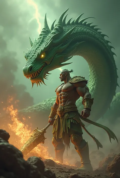 Hasil gambar action figure Realism Surrealism Art 4D,  Bima big muscular body valiantly wearing a java royal suit fights against a giant dragon snake of green color, Bima wears golden gadha weapon ,  The fight is so fierce that it melts around it ,  a grea...