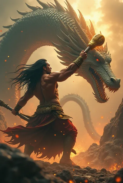 Hasil gambar action figure Realism Surrealism Art 4D, Bima big muscular handsome hair gondrong wearing a java royal suit fights against a giant dragon snake of green color, Bima wears golden gadha weapon ,  The fight is so fierce that it melts around it , ...