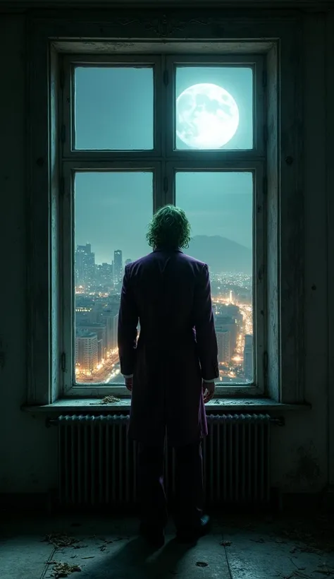 " The Joker is standing at an open window in an old house ,  with a view of a city illuminated at night . He watches the city in silence , with a thoughtful expression,  as if reflecting on the choices he made .  The moonlight partially illuminates his fac...