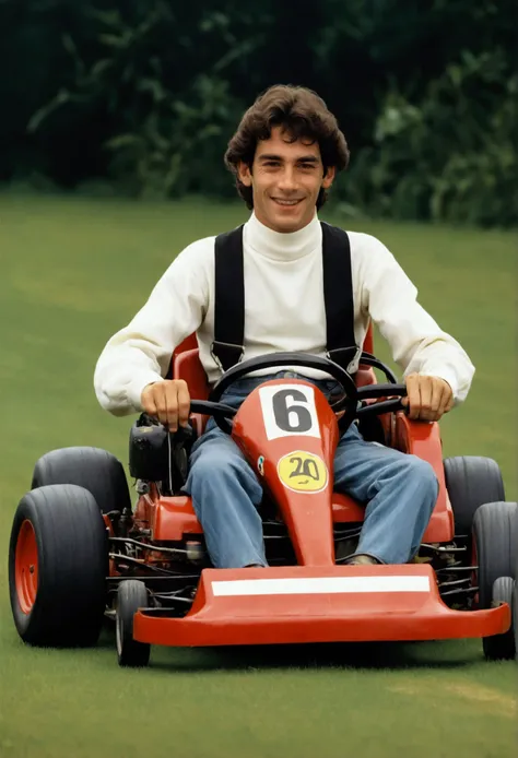 A young Ayrton Senna, smiling, driving a small and simple kart with a visible lawnmower engine.
A backyard or makeshift racetrack setting, highlighting his humble beginnings.
Faça sempre as imagens no formato 9:16