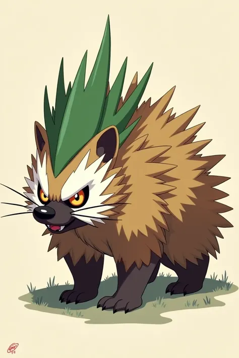  Drawing young light brown porcupine with white features big aggressive eyes in defense , Great green crest  ,