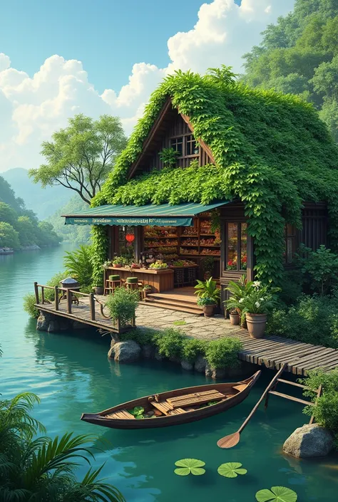  A country in the west of the river , there is a leafy house in the river ,  that house sells groceries ,  under the river there is a wooden bridge leading down.  Below the river there is a three-leaf canoe . Note in Vietnam