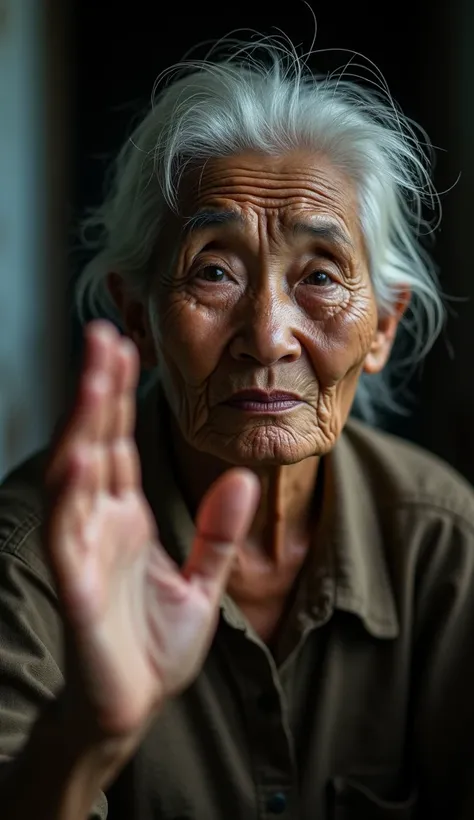 Close-up of an 80-year-old Vietnamese woman, white hair, wrinkled brown skin, wearing an old brown shirt, worried face, waving her hand forward, twilight scene in a small, gloomy room