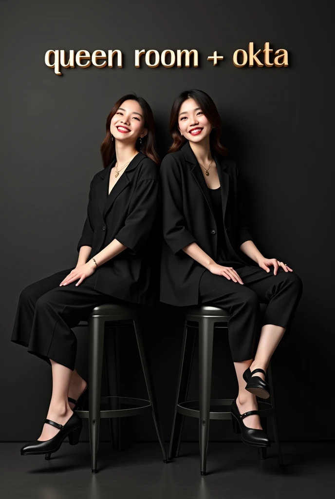  Two smiling women generated by AI ,  wearing black Korean-style casual clothes,  sitting on a high chair tilted , wearing shoes. Surrounded by the text “QUEEN ROOM  &  OKTA” on a shadowless black wall .  High resolution 100k ultra HD .

