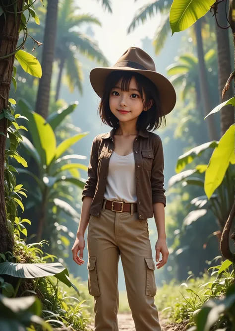 Deep in the tropical jungle、A cute girl dressed up as Indiana Jones、A cute girl dressed like Indiana Jones with banana trees and palm trees covered in 、 Cowboy Shots 