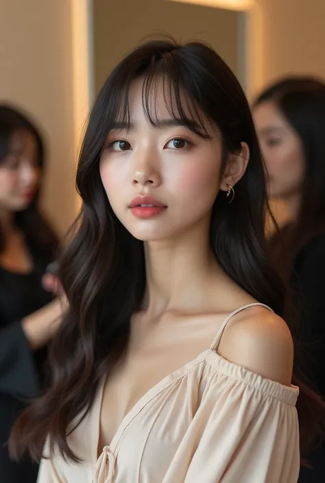 A beautiful Korean Girl looks like Jisoo of Blackpink with a gentle and graceful face, Fair skin, With slim face, Doe eyes and double eyelids, Gloden ratio, sitting in a fitting room seat. With her friend. She is wearing casual clothes, exuding charm and c...