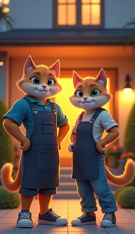  Two anthropomorphic cats stand confidently in front of a modern house comfortable at sunset.  The first cat is male , muscular,  wearing a blue shirt , apron,  and casual shoes .  The second cat is female , slimmer ,  wearing a blue shirt , apron, and cas...