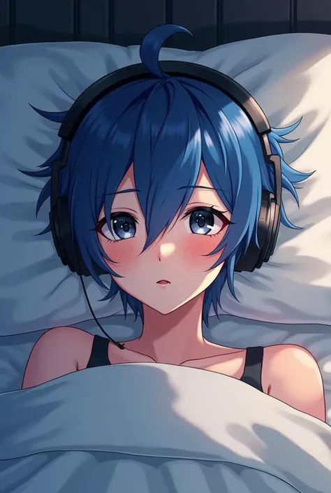 A man with blue hair and black eyes wearing headphones lying on the bed blushing and biting his lipHair Between Eyes, Anime, 