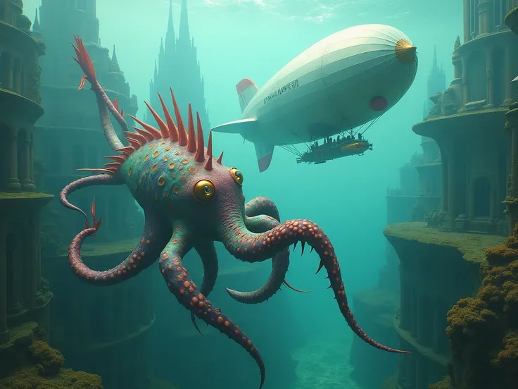 a surreal and vibrant cinematic photograph of a massive, iridescent sea creature with undulating tentacles and spiky, rainbow-hued spines swimming through the misty, turquoise waters of a fantastical, art nouveau-inspired underwater city, its intricate arc...