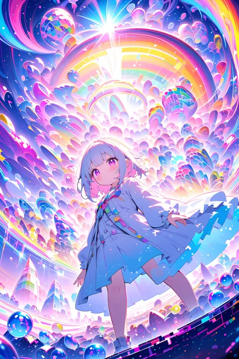  A girl in a room filled with many white cubes , digital rendering ,John Coffelt,Tumbler,Cubo-Futurism,Rainbow colored fractal,Cyber Mushroom City,Floating Crystals,Infinite Quantum Waves, Yellow Hairband ,Seraphim, Long Sleeve , pleated skirt, A young gir...