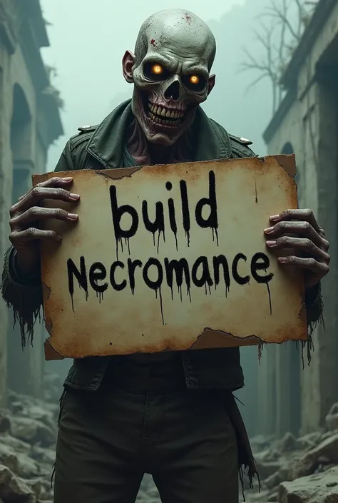  A zombie holding in his hands a sign that reads: "Build necromance" 