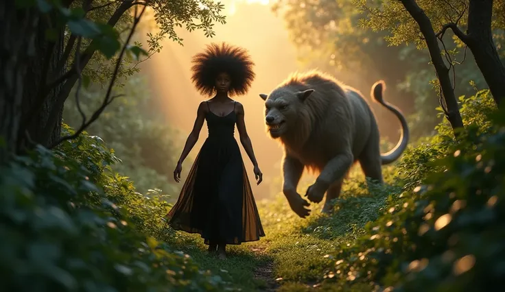 Young black woman with afro hair wearing a black dress walking through the bushes with a fierce hairy looking beast that seems weak at dawn