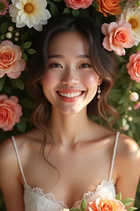 With my face ,  create the image of a beautiful bride beaming next to the flowers