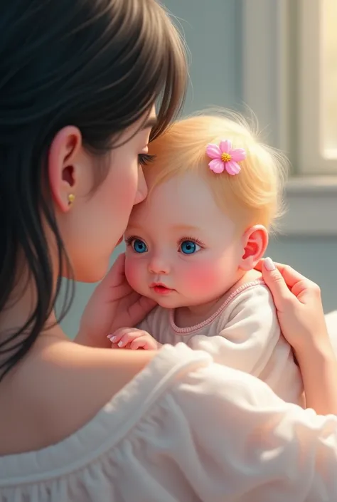 Beautiful newborn baby, unique blue eyes, beautiful pale white skin, golden hair and an adorable pink flower on her head being lulled by a black-haired woman , fine and delicate features electric blue eyes pale white skin real pink lips
