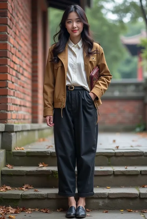   arafed woman standing on a brick wall holding a wallet,  This portrait was inspired by Oh Se-hyun  , flickr, what is it？, Xintong Chen,  Chinese women , A young Asian female , Zhang Pengzhen, Chinese Girl, Author Zhang Li, Qiu Fang, wenfeiye, xiaofan zha...