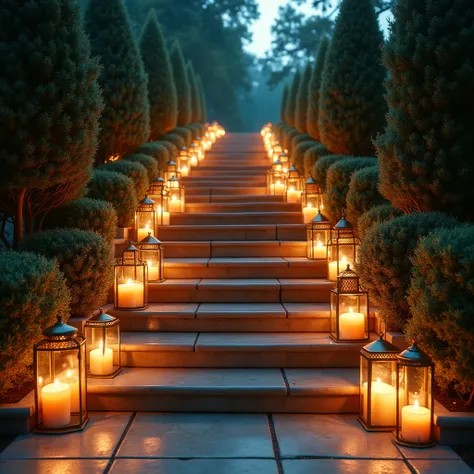 A stunning set of stairs adorned with glowing candles and warm lanterns, creating a mesmerizing and romantic ambiance. The scene is themed with cyan and gold with the touch of persian and Arabian CUlture